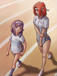  2girls brown_eyes buruma commentary_request elf elvaan final_fantasy final_fantasy_xi headband height_difference long_hair multiple_girls photoshop_(medium) pointy_ears ponytail prishe purple_eyes purple_hair red_hair running_track shirt_tug short_hair tara_baka_ni track_and_field ulmia walking 