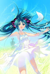  aqua_eyes aqua_hair bad_id bad_pixiv_id dress female hair_ribbon hatsune_miku highres long_hair migiwa_hasu photoshop_(medium) ribbon sheet_music smile solo twintails very_long_hair vocaloid white_dress wind 