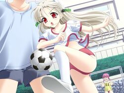  1boy 2girls :o ball buruma cellphone clothes_lift game_cg goal goalkeeper gym_uniform head_out_of_frame imageboard_desourced kousaka_himeko like_life long_hair matsushita_makako midriff multiple_girls non-web_source phone pink_hair playing_sports rakko_(makarakko) red_eyes shirt_lift soccer soccer_ball socks solo_focus telstar white_hair 