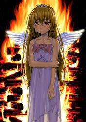  aisaka_taiga bonfire bow brown_hair chemise choker female fire long_hair orange_eyes pantyhose smile solo sugaishi tiara toradora! very_long_hair white_pantyhose wings 