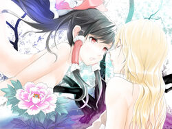  2girls bad_id bad_pixiv_id black_hair blonde_hair closed_eyes facing_another floating_hair flower flower_censor hair_tubes hakurei_reimu highres kirisame_marisa long_hair looking_at_another multiple_girls nude penpen_(penpen1942) peony_(flower) pink_flower red_eyes touhou yuri 