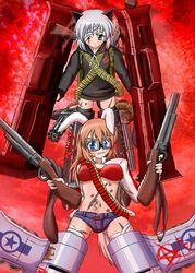  2girls ammunition_belt animal_ears backpack bad_id bad_pixiv_id bag bandages bandolier bikini bikini_top_only bullet cat_ears cat_girl cat_tail charlotte_e._yeager dual_wielding gatling_gun goggles grenade_launcher gun holding m79 morrie multiple_girls multishot_rocket_launcher photoshop_(medium) rabbit_ears rabbit_girl rabbit_tail rocket_launcher sanya_v._litvyak scar scar_across_eye scar_on_face shorts strike_witches striker_unit swimsuit tail tattoo underbarrel_grenade_launcher weapon world_witches_series 