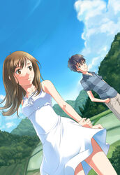  1boy bad_id bad_pixiv_id brown_eyes brown_hair day dress female highres koiso_kenji nishiwaki shinohara_natsuki sky summer_wars 