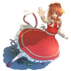  aguhari animal_ears bad_id bad_pixiv_id brown_hair cat_ears cat_tail chen dress earrings feline female hat jewelry multiple_tails short_hair solo tail touhou waving 