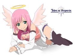  alternate_costume angel angel_wings bad_id bad_pixiv_id breasts cleavage copyright_name detached_sleeves estellise_sidos_heurassein estellise_sidos_heurassein_(enchanting_belle) female green_eyes halo logo medium_breasts official_alternate_costume pink_hair rutarou solo tales_of_(series) tales_of_vesperia thighhighs wings zettai_ryouiki 