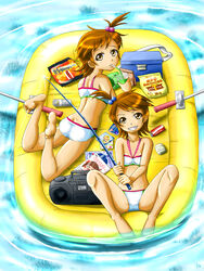  2girls bikini boombox butt_crack commentary_request fishing futami_ami futami_mami idolmaster idolmaster_(classic) idolmaster_1 inflatable_boat k_tamagawa magazine_(object) multiple_girls nonowa siblings sisters swimsuit twins 