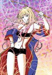  bandeau black_shorts blonde_hair blue_eyes breasts commentary_request female long_hair macross macross_frontier medium_breasts photoshop_(medium) reducto sheryl_nome short_shorts shorts solo strapless suspenders underboob 