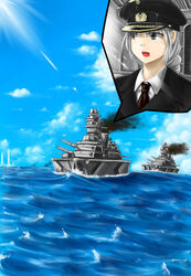  battleship bismarck_(battleship) braid commentary_request female grey_hair hat military military_uniform military_vehicle miyako_(ta183) necktie ocean peaked_cap ship touhou uniform warship water watercraft yagokoro_eirin 