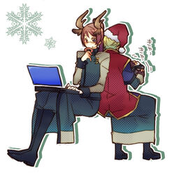  2boys animal_ears antlers back back-to-back bad_id bad_pixiv_id billy_katagiri black_eyes blonde_hair boots christmas computer deer_ears eating fingerless_gloves food food_on_face full_body gloves graham_aker gundam gundam_00 hat holding holding_food horns laptop layered_sleeves long_hair long_sleeves male_focus mister_bushido multiple_boys otsuo pants pom_pom_(clothes) ponytail purple_hair red_hat reindeer_antlers santa_hat short_over_long_sleeves short_sleeves simple_background sitting snowflakes vest white_background 