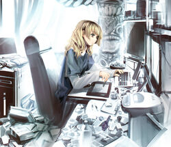  absurdres blonde_hair cigarette commentary_request computer drawing_tablet ein_(long_cake) female highres long_hair messy_room oekaki_musume original photoshop_(medium) sitting solo totem 