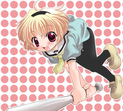  baseball_bat blonde_hair blush dress female green_dress hairband higurashi_no_naku_koro_ni houjou_satoko imageboard_desourced non-web_source oerba_yun_fang pantyhose red_eyes sailor_collar sailor_dress short_hair solo watanabe_sumiko white_sailor_collar 