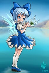  blue_eyes blue_hair cirno dated dress female frills frog frozen frozen_frog ice lake madkoifish mountain outdoors smirk solo touhou 