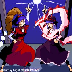  2girls arm_up blue_hair brooch cape commentary_request electricity gem grin hand_on_own_hip index_finger_raised jewelry kansuke_(bubuduke) long_skirt long_sleeves looking_at_viewer lowres multiple_girls nagae_iku oekaki outstretched_arm red_eyes rope saturday_night_fever shawl short_hair skirt smile standing touhou yasaka_kanako 