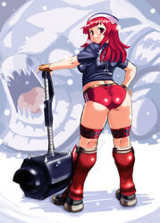  ass blunt_bangs buruma curvy dr.p female fingerless_gloves from_behind full_body gloves hammer hand_on_own_hip hat la_pucelle looking_back mallet mole mole_under_eye monster_hunter_(series) nurse_cap photoshop_(medium) plump prier red_buruma red_eyes red_hair smile snow solo standing thighs third-party_edit turtle ukanlos wide_hips 