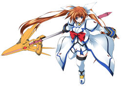  alternate_weapon angry bow female fingerless_gloves full_body gloves huge_weapon long_hair lyrical_nanoha magazine_(weapon) magical_girl mahou_shoujo_lyrical_nanoha_strikers nanairo_souga photoshop_(medium) purple_eyes raising_heart raising_heart_(exceed_mode) red_bow red_hair skirt solo staff takamachi_nanoha takamachi_nanoha_(aggressor_mode) thighhighs twintails waist_cape weapon zettai_ryouiki 