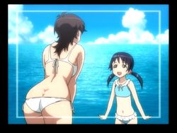  2girls amaha_masane amaha_rihoko anime_screenshot ass bikini black_hair brown_eyes brown_hair butt_crack day family frilled_bikini frills from_behind huge_ass imageboard_desourced lolicon long_hair mature_female multiple_girls non-web_source ocean outdoors side-tie_bikini_bottom standing swimsuit tankini twintails viewfinder water witchblade 