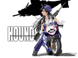  :d aircraft baseball_cap black_eyes black_hair blush collarbone cross-laced_footwear english_text excel_(gewalt) female flipped_hair from_side full_body geobreeders gloves gun gunship h&amp;k_msg90 hat heckler_&amp;_koch helicopter itou_akihiro long_hair looking_to_the_side motor_vehicle motorcycle narusawa_ayumi open_mouth profile riding rifle scope shadow silhouette simple_background smile sniper_rifle solo suzuki_(company) tank_top very_long_hair walkie-talkie weapon white_background white_gloves 