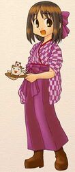  :d azumanga_daiou bashamichi boots brown_eyes brown_hair feline female full_body hair_ribbon hakama hakama_skirt imageboard_desourced japanese_clothes kasuga_ayumu lowres nekokoneko non-web_source open_mouth purple_hakama ribbon simple_background skirt smile solo traditional_media tray waitress yagasuri 