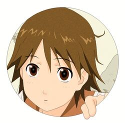  brown_eyes brown_hair commentary_request es_(pixiv295215) female fourth_wall haibane_renmei lowres messy_hair rakka_(haibane) solo static_cling 