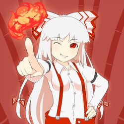  bow breasts buckle buttons female fire fujiwara_no_mokou hairbow long_hair long_sleeves looking_at_viewer multiple_hair_bows pointing pointing_at_viewer small_breasts solo suspenders torque touhou very_long_hair 