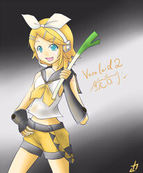  aqua_eyes bad_id bad_pixiv_id blonde_hair bow crop_top detached_sleeves female headset kagamine_rin kagamine_rin_(if) kimura_kaere_(artist) midriff short_hair shorts solo spring_onion vocaloid yellow_shorts 