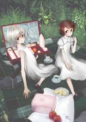  2girls akanegi_atsuko apple black_tea brown_hair commentary_request cup dress food fruit grass grey_hair haruno_kotori kita_e mocha_(snowflake) multiple_girls photoshop_(medium) picnic plate shoes short_hair sitting tea teacup 