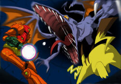  amatera assault_visor crossover female green_visor metroid photoshop_(medium) pikachu pokemon pokemon_(creature) ridley samus_aran super_smash_bros. tail varia_suit wings yellow_eyes 