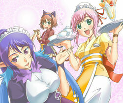  3girls alternate_costume animal_ears blue_hair bun_cover cat_ears estellise_sidos_heurassein estellise_sidos_heurassein_(gracious_waitress) hair_bun judith_(glamorous_maid)_(tales) judith_(tales) maid multiple_girls nishiwaki official_alternate_costume pink_hair pointy_ears rita_mordio rita_mordio_(catgirl_waitress) short_hair single_hair_bun tales_of_(series) tales_of_vesperia waitress 