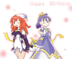  2girls ahoge armor armored_dress artist_request birthday blush breasts dress earrings eclair_(la_pucelle) gift gloves gown green_eyes jewelry la_pucelle long_hair medium_breasts multiple_girls no_legwear one_eye_closed photoshop_(medium) pink_hair prier princess purple_hair red_eyes red_hair short_hair 