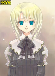  aqua_eyes arturia_shuttleheim asura_fantasy_online black_bow blonde_hair blue_eyes bow capelet female juliet_sleeves kuga_tsukasa long_sleeves looking_at_viewer lowres photoshop_(medium) puffy_sleeves short_hair smile solo watermark white_capelet 