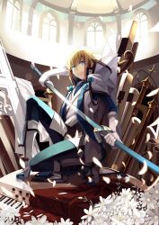  alternate_color blazblue blonde_hair blue_eyes boots flower gloves highres instrument jin_kisaragi male_focus organ selenoring solo sword weapon window yukianesa 