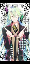  1boy amnesia_(idea_factory) bishounen black_necktie braid card closed_eyes commentary_request formal green_hair grin highres long_hair male_focus megumi_(redpapaver) necktie playing_card smile solo suit ukyou_(amnesia) 