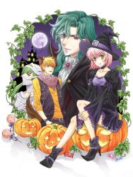  3boys abe_no_yasuaki animal_ears bad_id bad_pixiv_id bandages bat_(animal) blonde_hair candy choker dress female food green_eyes green_hair group_picture halloween harukanaru_toki_no_naka_de harukanaru_toki_no_naka_de_1 hat highres jack-o&#039;-lantern kemonomimi_mode kiwa_lotus lollipop long_hair morimura_tenma motomiya_akane multiple_boys pink_hair pumpkin shoes short_hair smile swirl_lollipop tachibana_no_tomomasa witch_hat wolf_ears wrapped_candy 