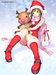  :o banned_artist boots brown_eyes brown_hair hat ilog mana_kakkowarai official_art plaid plaid_scarf santa_costume santa_hat scarf solo stuffed_animal stuffed_reindeer stuffed_toy tsutsui_aki watermark web_address 