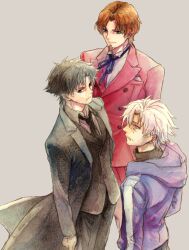  3boys bad_id bad_pixiv_id black_eyes black_hair blue_eyes brown_hair emiya_kiritsugu facial_hair fate/zero fate_(series) formal goatee grey_background hood hoodie long_coat male_focus matou_kariya multiple_boys necktie norino_moto ribbon stubble suit tohsaka_tokiomi turtleneck white_hair 