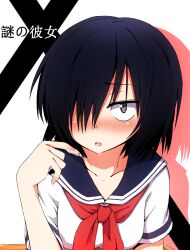  black_hair blush commentary_request female hair_over_one_eye nazo_no_kanojo_x open_mouth saliva saliva_trail school_uniform serafuku short_hair smile solo takanashi_sora_(soramyon) urabe_mikoto 