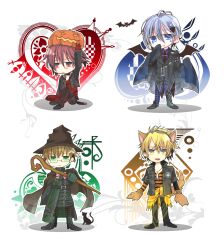  4boys amnesia_(idea_factory) animal_ears animal_hands argyle_clothes argyle_legwear bishounen blacklose_0302 blonde_hair blue_eyes brown_hair cape chibi clothes_around_waist club_(shape) coat commentary_request diamond_(shape) expressionless extra_ears feathers feline glasses green_eyes hair_ornament hairband hairpin halloween hat heart highres ikki_(amnesia) jacket jewelry kemonomimi_mode kent_(amnesia) male_focus multiple_boys necklace pants pumpkin pumpkin_hat red_eyes red_hair shin_(amnesia) shirt shirt_around_waist shoes spade_(shape) spade_hair_ornament staff tail toma_(amnesia) white_background white_hair wings witch_hat wolf_ears wolf_tail yellow_eyes 