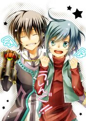  2boys bad_id bad_pixiv_id black_hair blue_eyes blue_hair cardfight!!_vanguard closed_eyes coat crossover grin houhou_(black_lack) jude_mathis male_focus multiple_boys sendou_aichi shirt smile star_(symbol) tales_of_(series) tales_of_xillia vest voice_actor_connection yonaga_tsubasa 