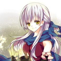  bare_shoulders breasts detached_sleeves female fire_emblem fire_emblem:_akatsuki_ni_megami fire_emblem:_akatsuki_no_megami long_hair micaiah scarf silver_hair smile yellow_eyes 