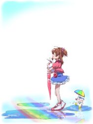  :d brown_hair casual closed_umbrella commentary_request female from_side gem hair_ribbon jewelpet_(series) jewelpet_twinkle labra_(jewelpet) open_mouth photoshop_(medium) profile puddle rainbow reflection ribbon ruby_(jewelpet) sakura_akari shimetta_seiya shoes skirt smile umbrella 