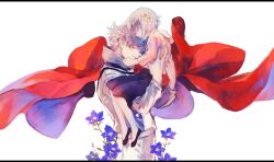  1boy cape carrying closed_eyes commentary_request dumas fantastic_children female flower hair_flower hair_ornament helga_(fantastic_children) highres hug short_hair white_hair yaku_(ziroken) 