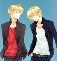  2boys ahoge arthur_pendragon_(fate) ayumi_(xiwu) bad_id bad_pixiv_id blonde_hair blue_background bracelet casual fate/prototype fate/zero fate_(series) gilgamesh_(fate) green_eyes jacket jewelry male_focus multiple_boys necklace red_eyes simple_background 