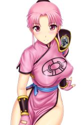  blush bracer breasts commentary_request dragon_quest dragon_quest_dai_no_daibouken female fingerless_gloves gloves large_breasts looking_at_viewer maam pink_eyes pink_hair ponytail solo st.germain-sal white_background 