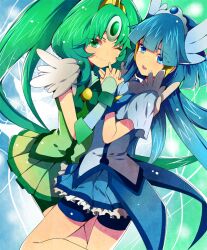  2girls akishima_kei aoki_reika bad_id bad_pixiv_id bike_shorts blue_eyes blue_hair blue_skirt cure_beauty cure_march dress green_eyes green_hair green_shorts green_skirt head_wings holding_hands interlocked_fingers long_hair looking_at_viewer magical_girl midorikawa_nao multiple_girls one_eye_closed open_mouth ponytail precure shorts shorts_under_skirt skirt smile smile_precure tiara wings 