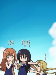  3girls amakusa_shino awa black_hair blonde_hair blush brown_eyes brown_hair hagimura_suzu multiple_girls one-piece_swimsuit seitokai_yakuindomo shichijou_aria sky swimsuit 