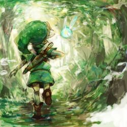  1boy bad_id bad_pixiv_id fairy forest from_behind green_theme link lowres nature navi pointy_ears sin_(hitonatsu) sword the_legend_of_zelda the_legend_of_zelda:_ocarina_of_time tree weapon young_link 