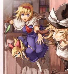  2girls alice_margatroid aqua_eyes arm_grab ascot bad_id bad_pixiv_id black_dress blonde_hair blue_dress blue_eyes bow braid brown_eyes brown_gloves capelet dress flower gloves hairband hairbow hat hat_ribbon kirisame_marisa library long_hair multiple_girls one_eye_closed open_mouth pantyhose photoshop_(medium) pulling ribbon rose scottie_(phantom2) shanghai_doll shirt smirk touhou vase white_flower white_rose witch_hat 