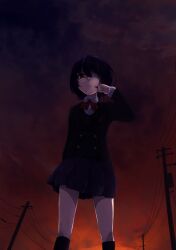  another black_hair black_socks cloud cloudy_sky commentary_request dark eyepatch female hand_on_own_face highres kneehighs misaki_mei outdoors pleated_skirt power_lines red_eyes red_sky school_uniform skirt sky socks solo standing sunset transformer utility_pole warabe_(wasawasawasan) yomiyama_north_junior_high_school_uniform 