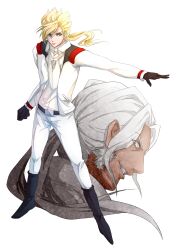  2boys alternate_costume asemu_asuno belt black_gloves blonde_hair blue_eyes boots commentary_request cosplay dark-skinned_male dark_skin gloves grin gundam gundam_age harold44 highres long_hair male_focus multiple_boys ponytail sideburns simple_background smile white_background white_hair woolf_enneacle woolf_enneacle_(cosplay) 