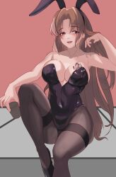  1girls big_breasts blue_eyes blush breasts brown_hair bunny_ears bunnysuit cleavage clothing corset female female_only glass limbus_company project_moon rodion_(limbus_company) sitting tattoo thighs voluptuous voluptuous_female 